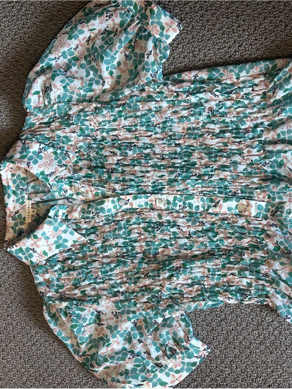 JODIFL Green & Pink Smocked Floral Peplum Blouse - Picture 2 of 11